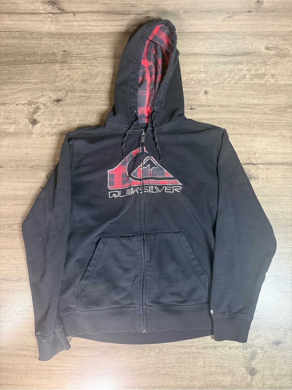 Quiksilver Y2K Full Zip Hoodie Mens S Black Red Plaid Logo Skate Surf 2000s